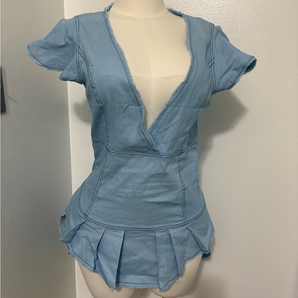 Women's Light Blue Deep V High-Low Pleated Dress NWOT Large